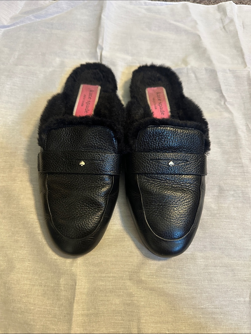 kate spade Black Leather Fur-Trim Slip-On Loafers Womens 7.5